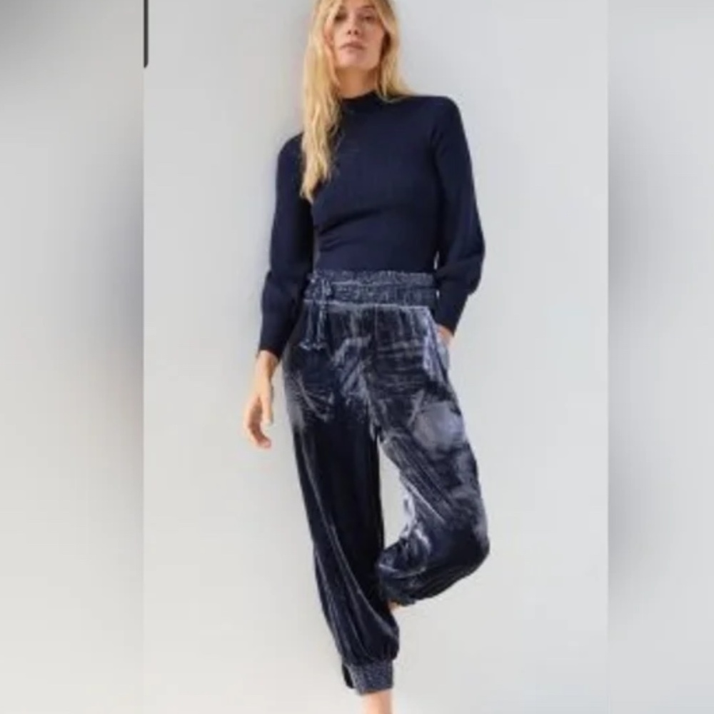 NWT $128 Anthropologie Gloria Blue Velvet Joggers Pants Missing Tie